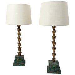 Pair of carved gilded wood lamps, 1920s.