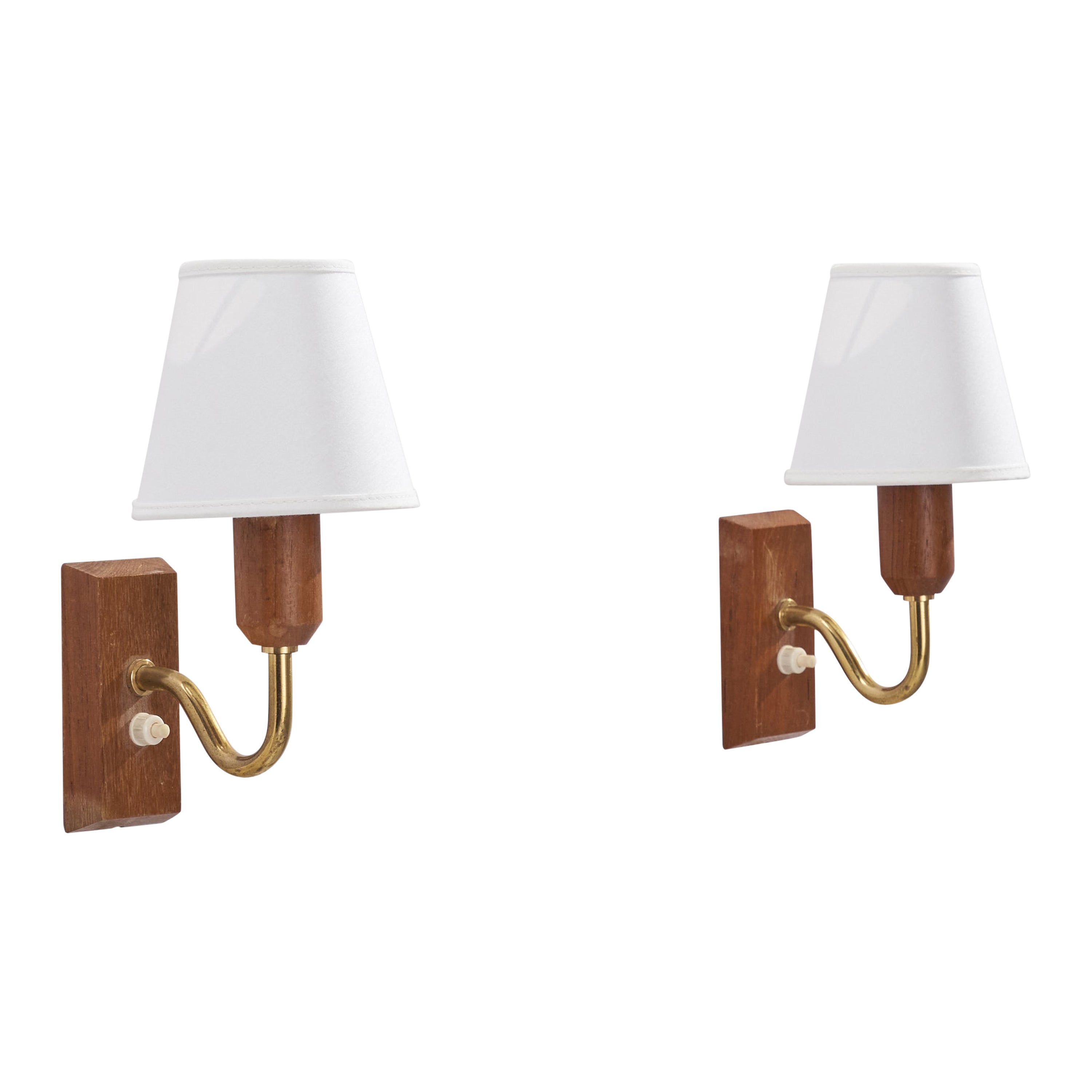 Swedish Designer, Wall Lights, Brass, Teak, Fabric, Sweden, 1950s