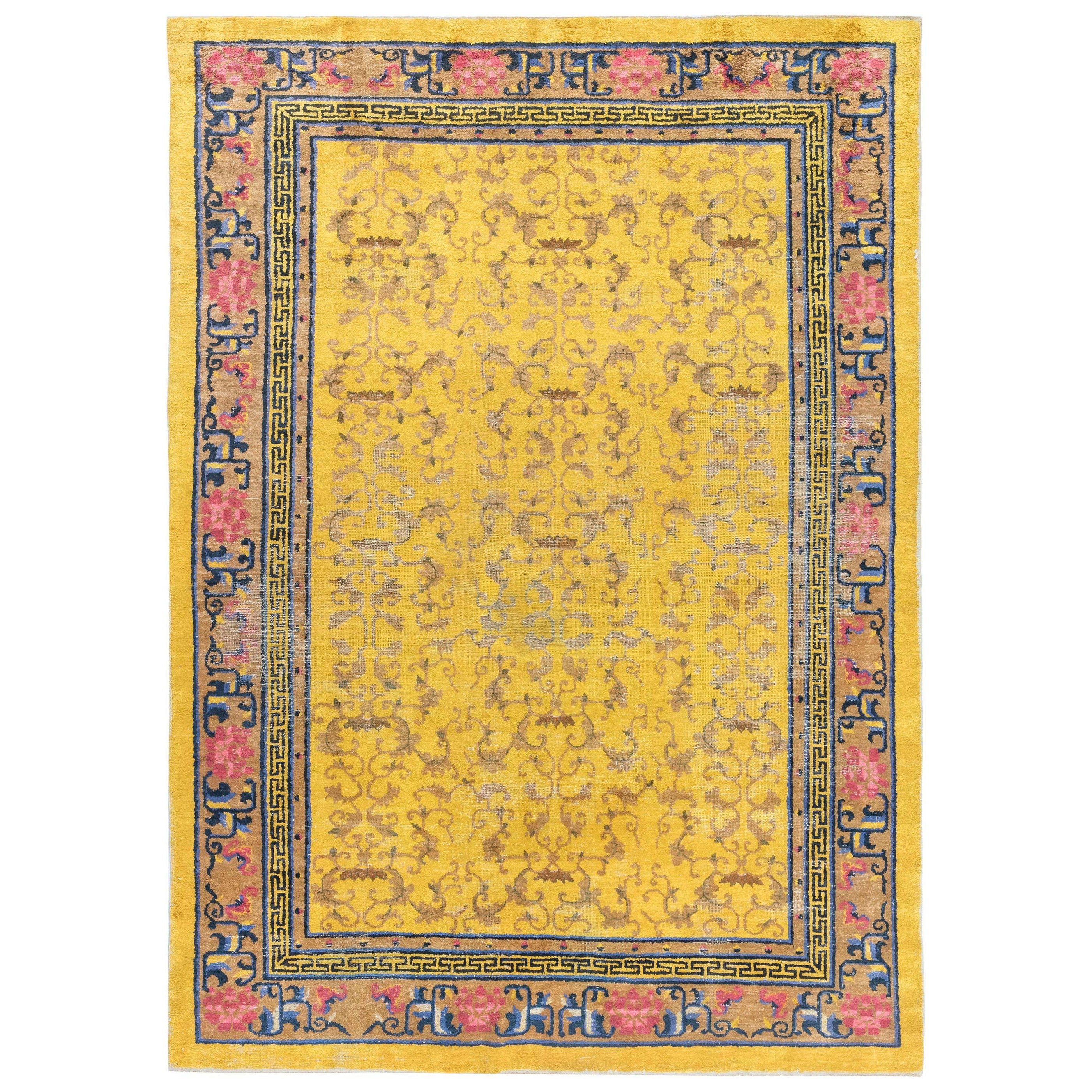 Early 20th Century Chinese Yellow Handmade Silk Rug