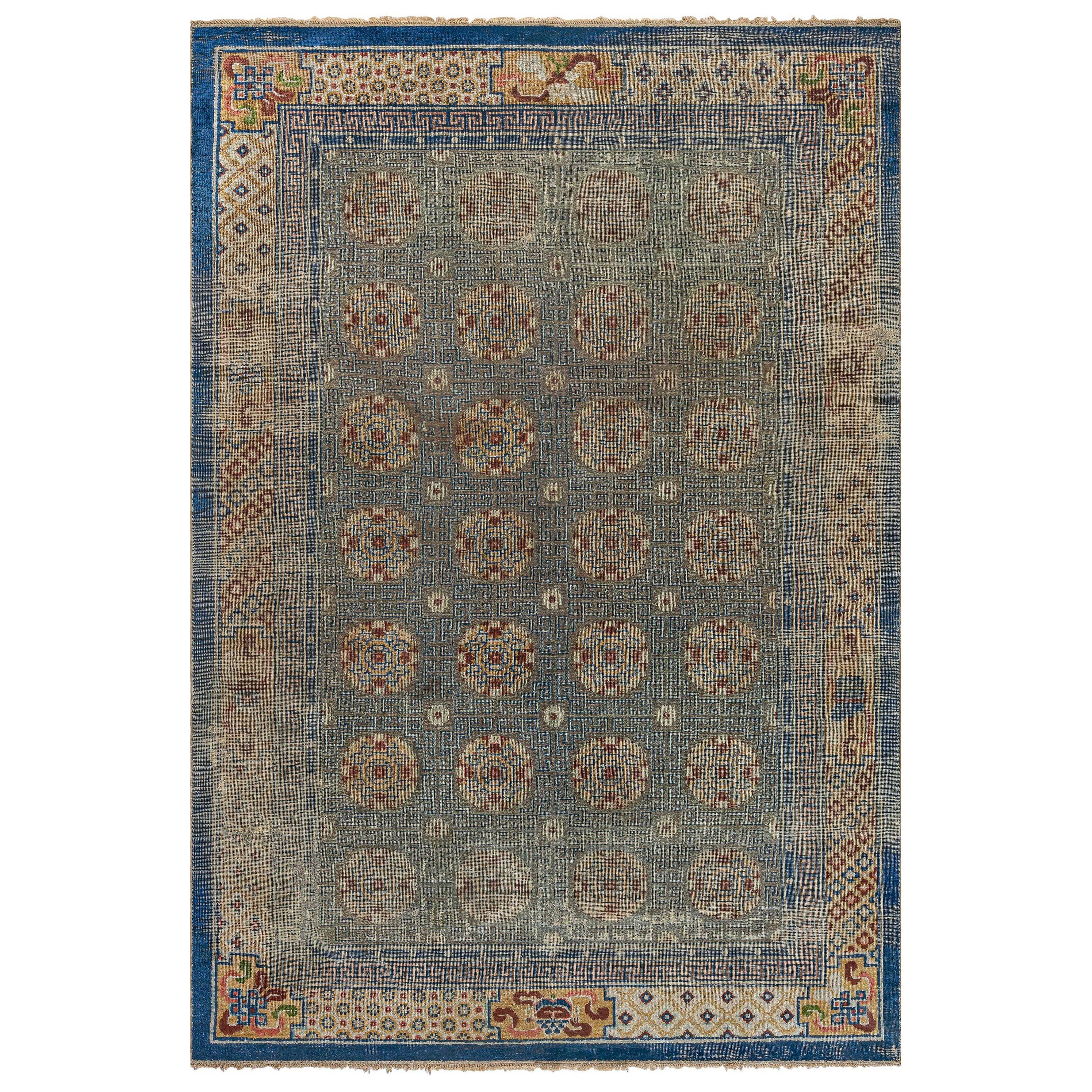 Antique Chinese Handmade Silk and Metal Thread Rug