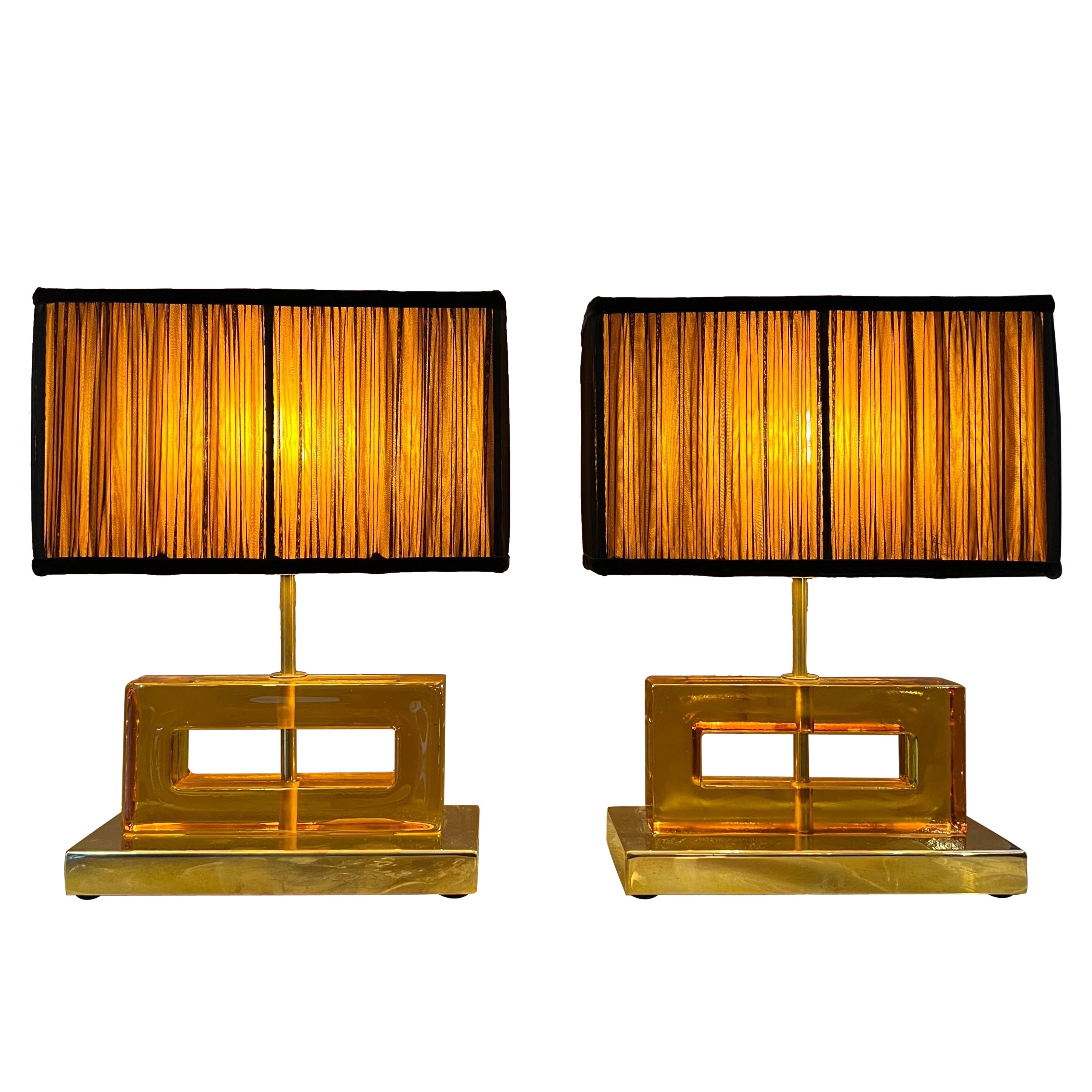 Amber Color Murano Glass Blocks Lamps with Our Matching Lampshades, 1970s For Sale