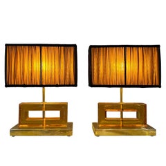 Retro Amber Color Murano Glass Blocks Lamps with Our Matching Lampshades, 1970s