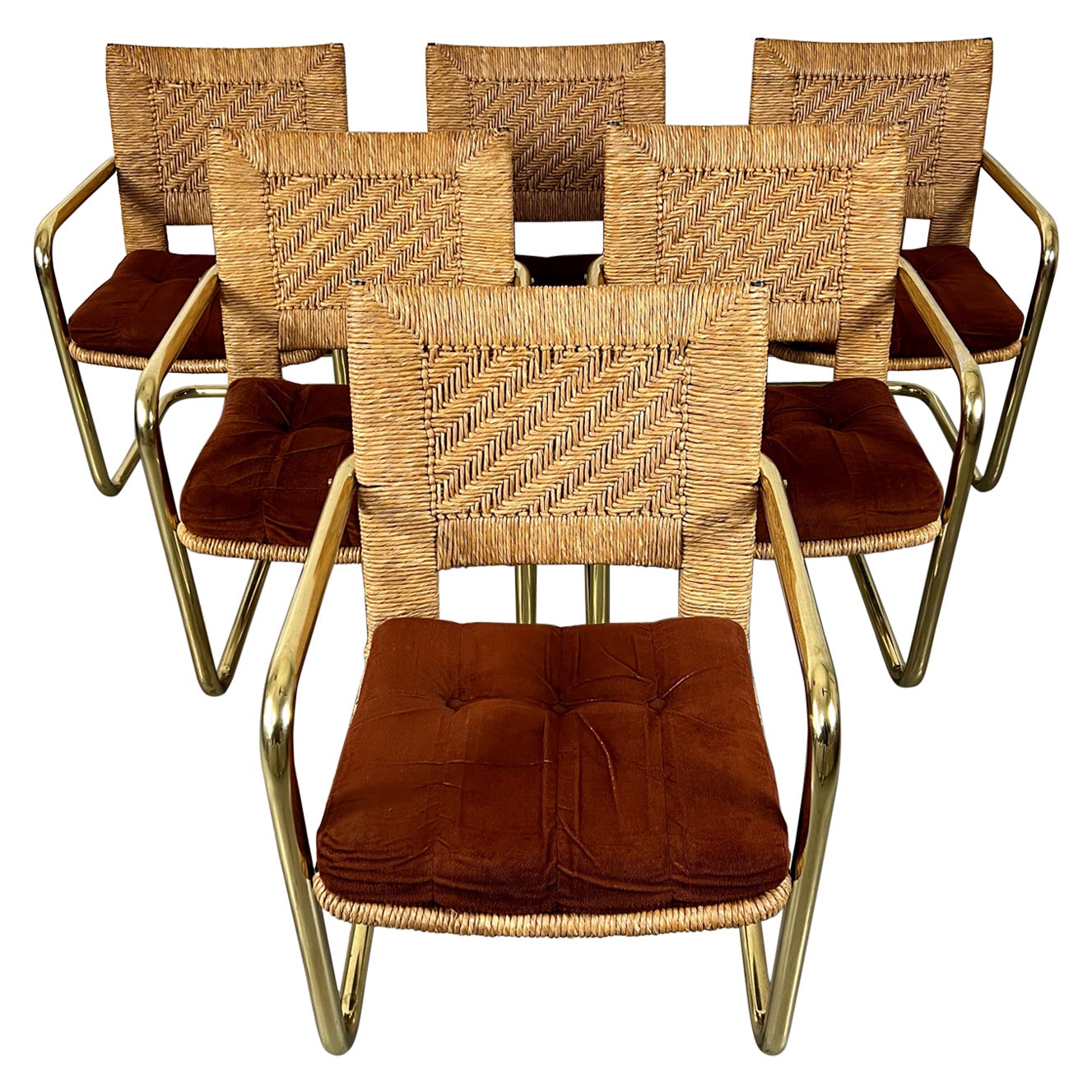 Brass Cantilever Dining Chairs with Woven Rush 