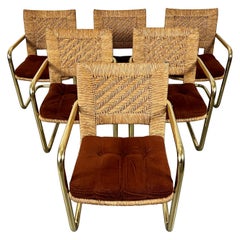 Brass Cantilever Dining Chairs with Woven Rush