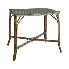 Vintage Rattan Table with White and Green Woven Details, France, 1930s