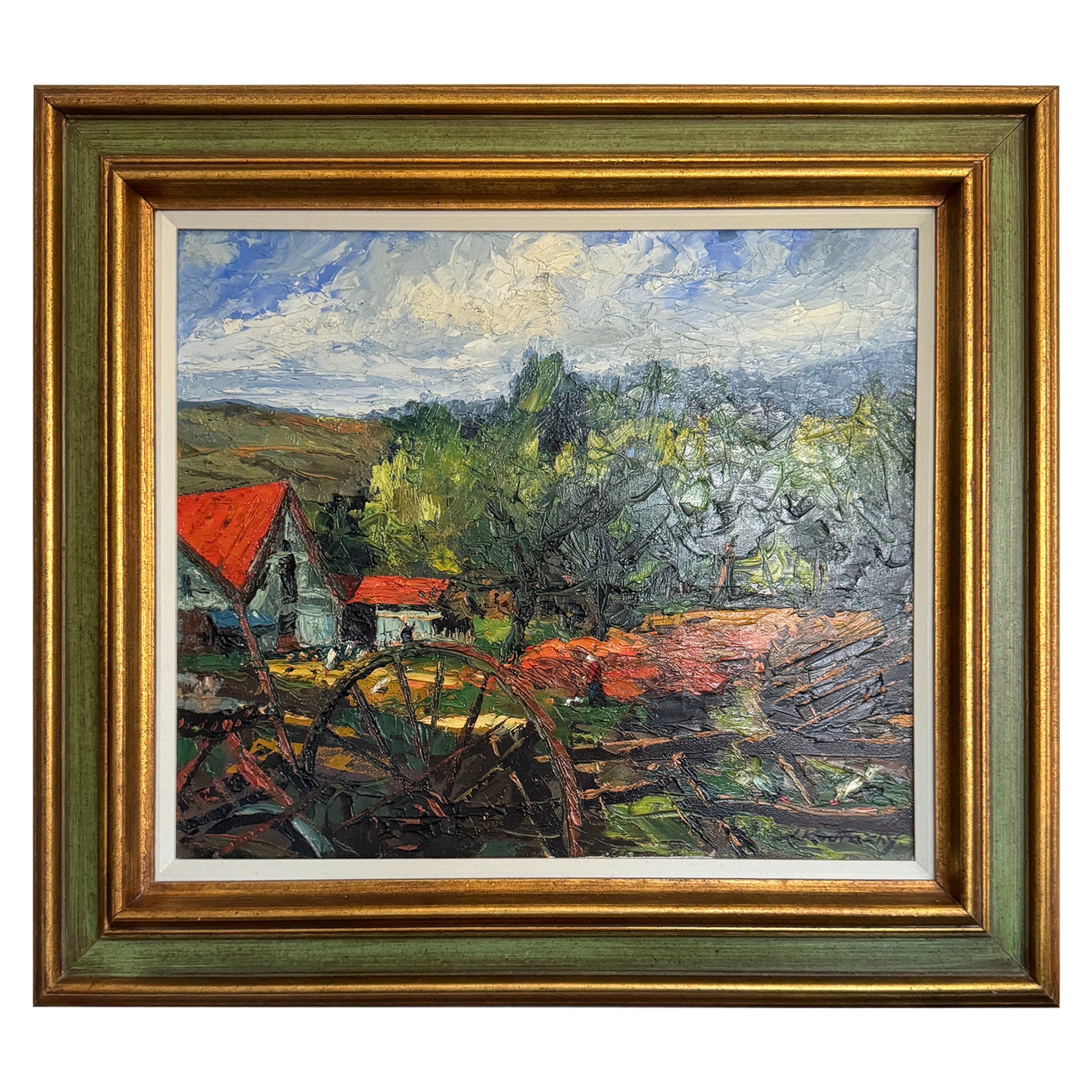 Vintage Original Pastoral Oil Painting by J. Koutachy Gold Colored Frame For Sale