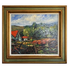 Peinture à l'huile pastorale originale de J. Koutachy avec cadre de couleur or