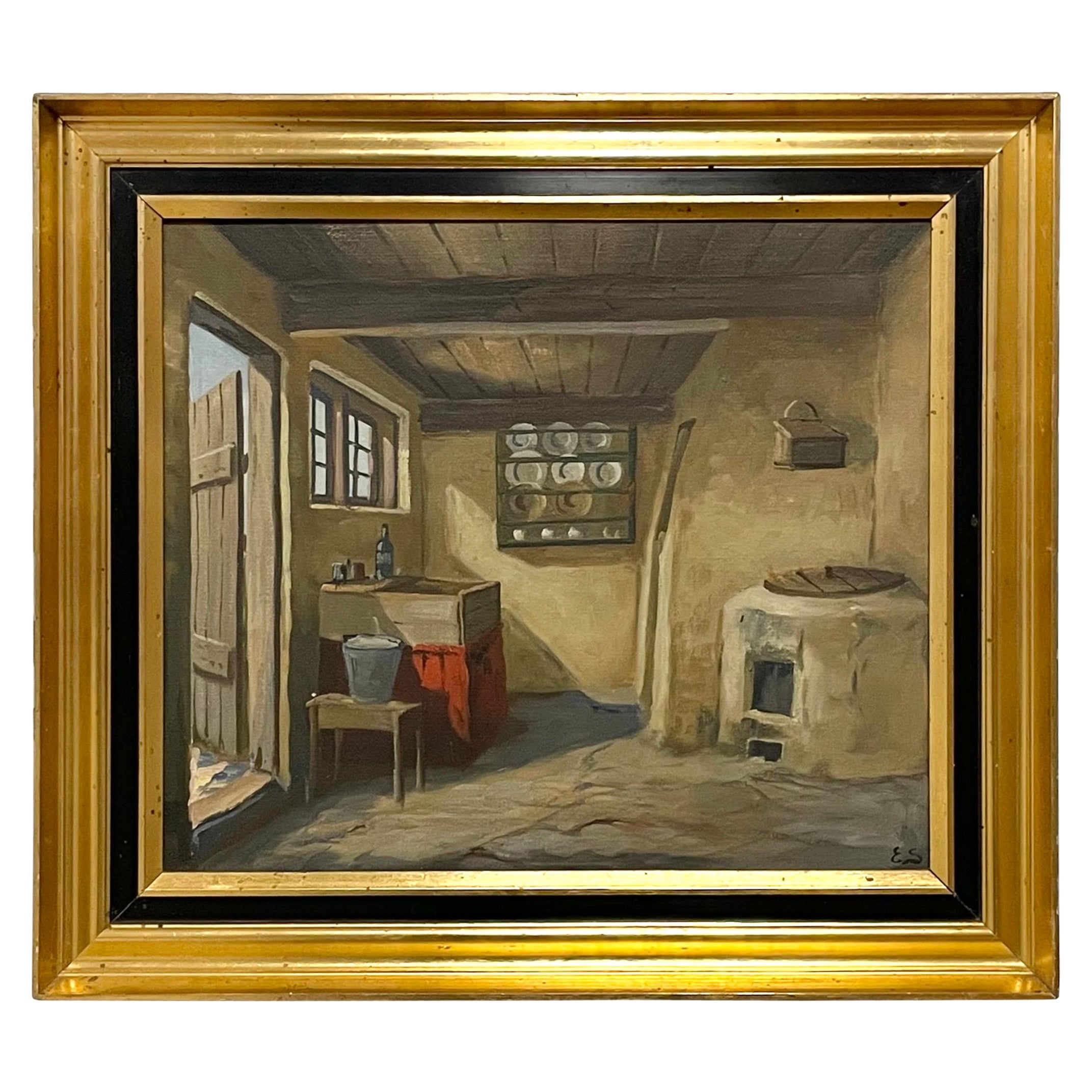 Vintage original early 20th cent. Eiler Sørensen interior painting from Denmark  For Sale