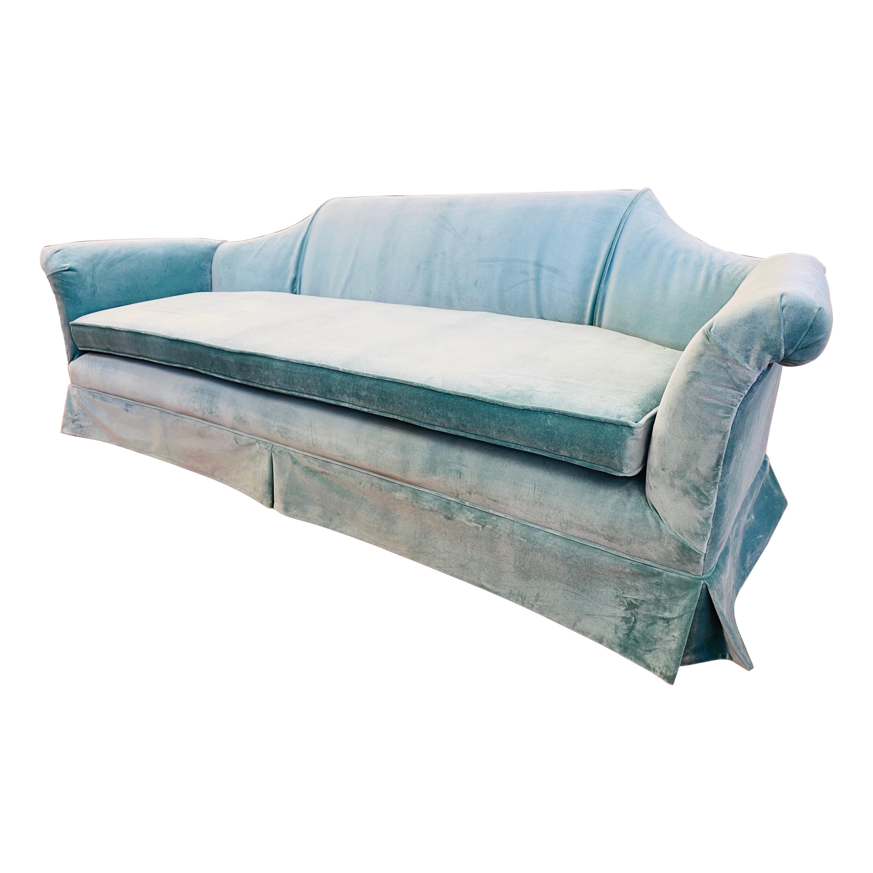 Donghia Velvet Fabric Seafoam Hickory Furniture Curved Sofa 92" For Sale