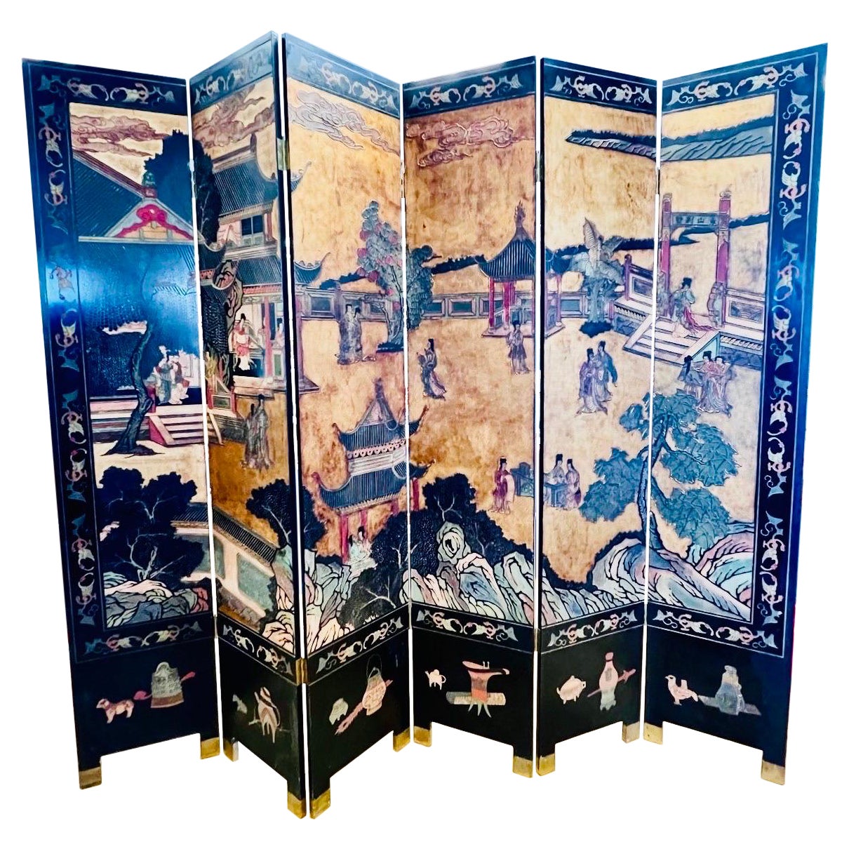 Chinese Black Lacquered Six Panel Coromandel Folding Screen Room Divider For Sale