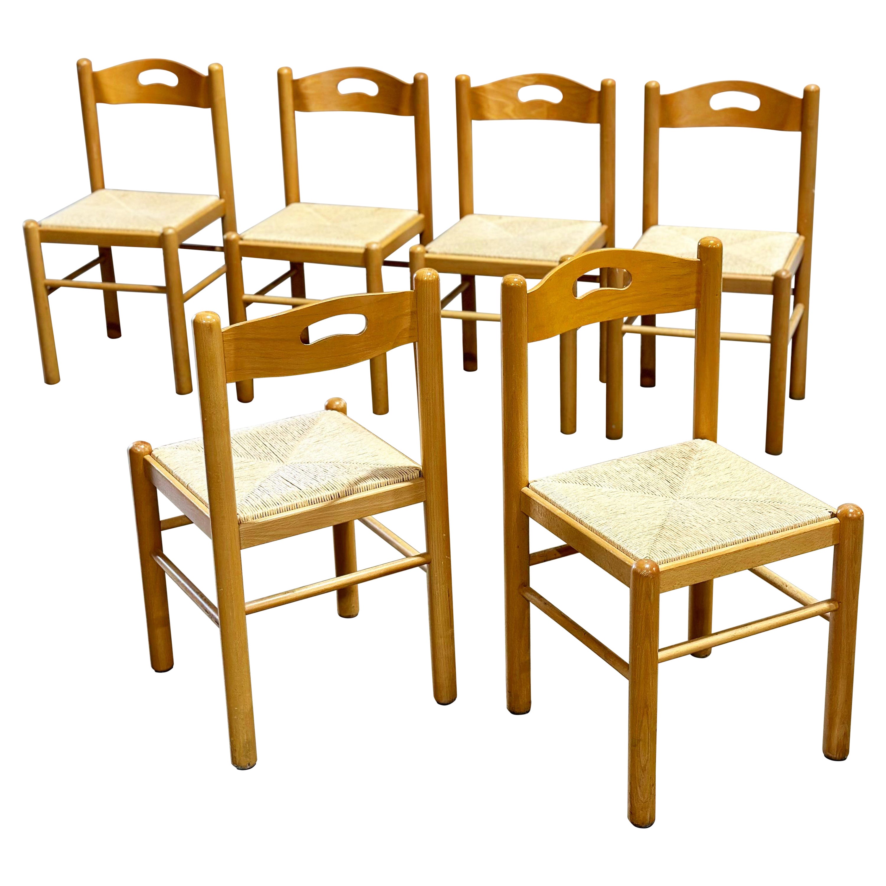 Organic Modern Dining Chairs - Birke + Binsen - Italien ca. 1980er Jahre - Sechser-Set