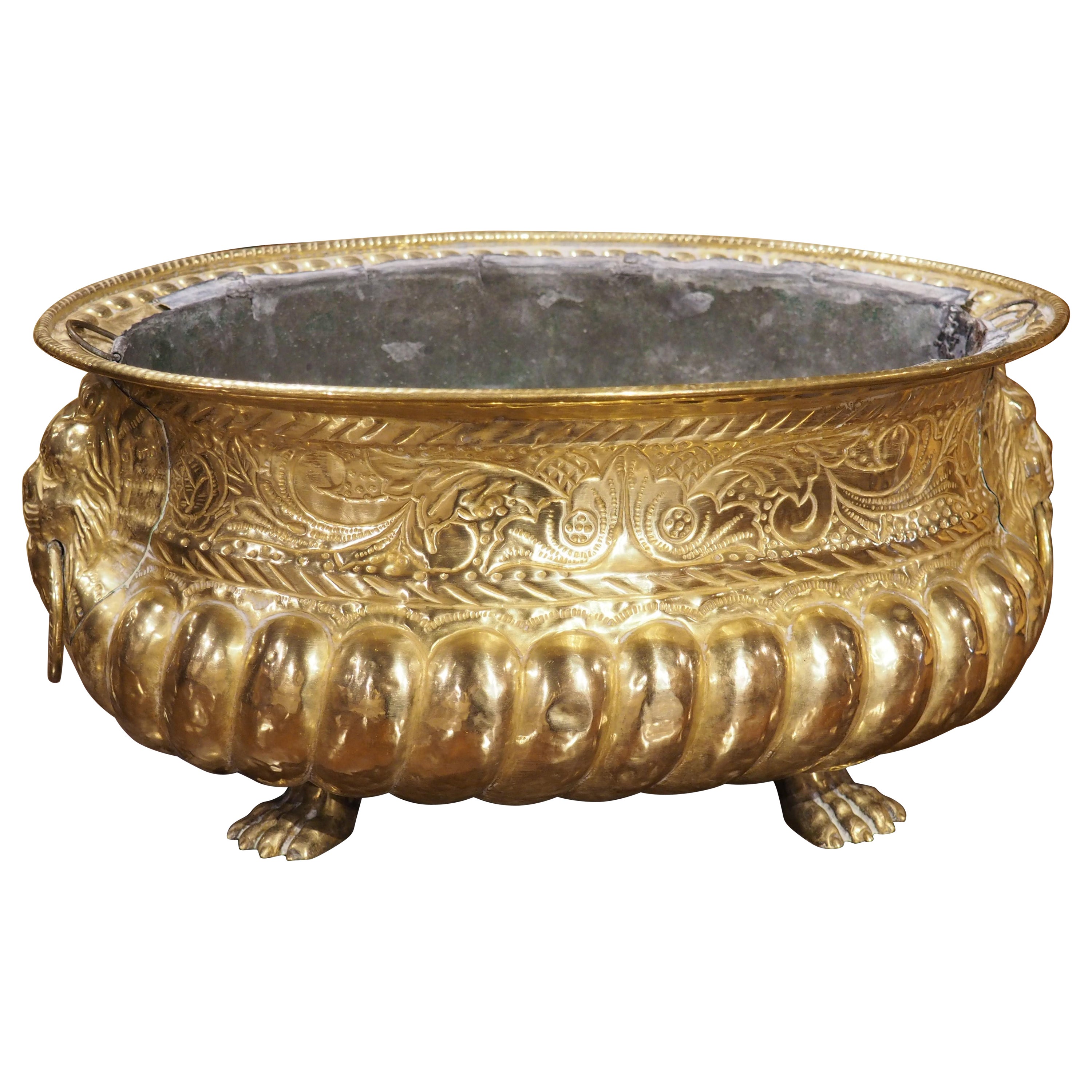 19th Century Lobed French Brass Jardiniere with Lions and Paw Feet For Sale