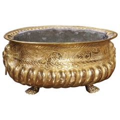 19th Century Lobed French Brass Jardiniere with Lions and Paw Feet