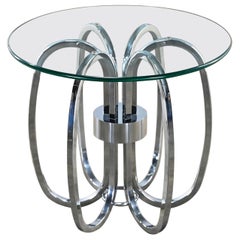 MCM a Mesa auxiliar o auxiliar moderna Base cromada en forma de barril y tapa redonda de cristal
