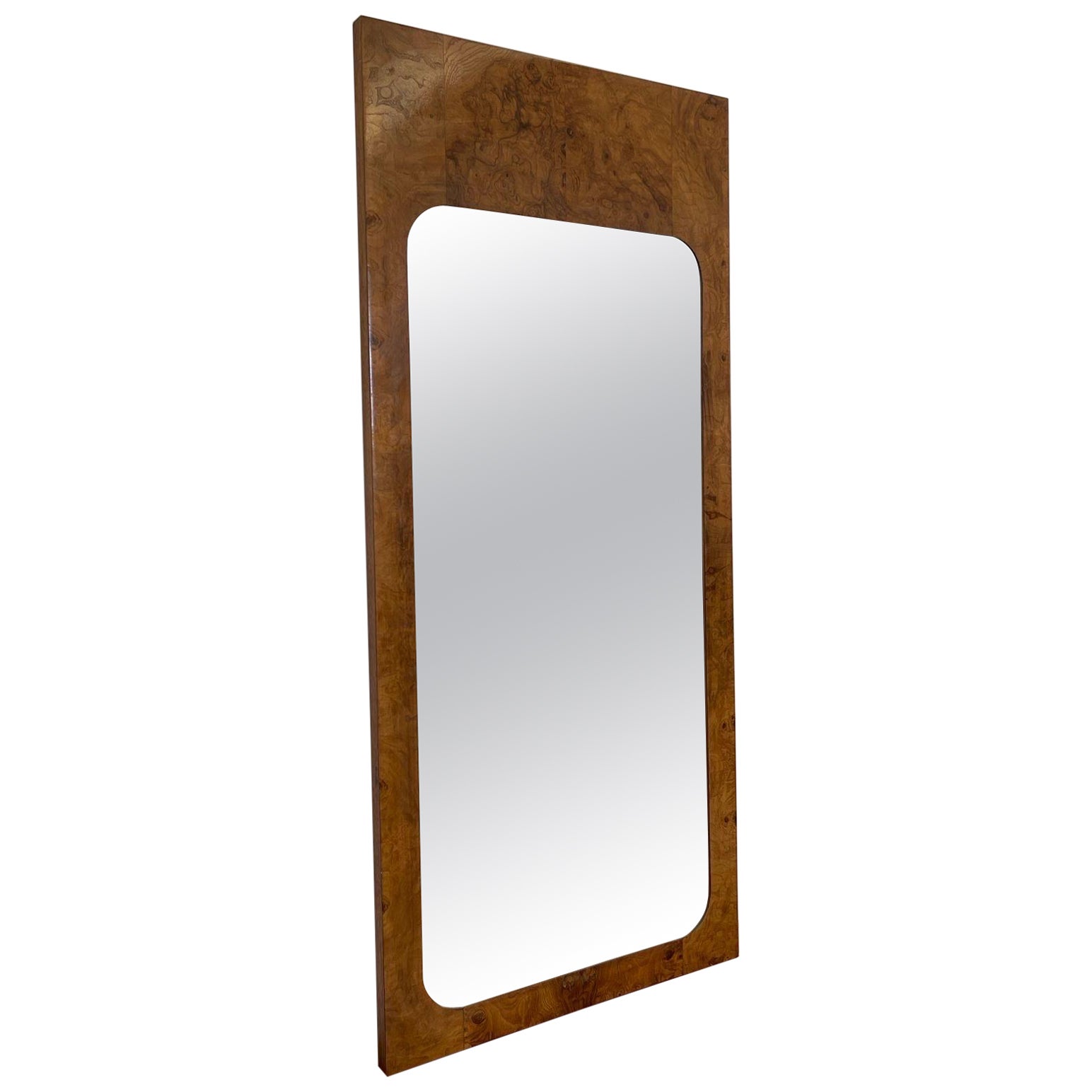 Vintage Milo Baughman Style Burl Wood Framed Wall Mirror by Lane. For Sale