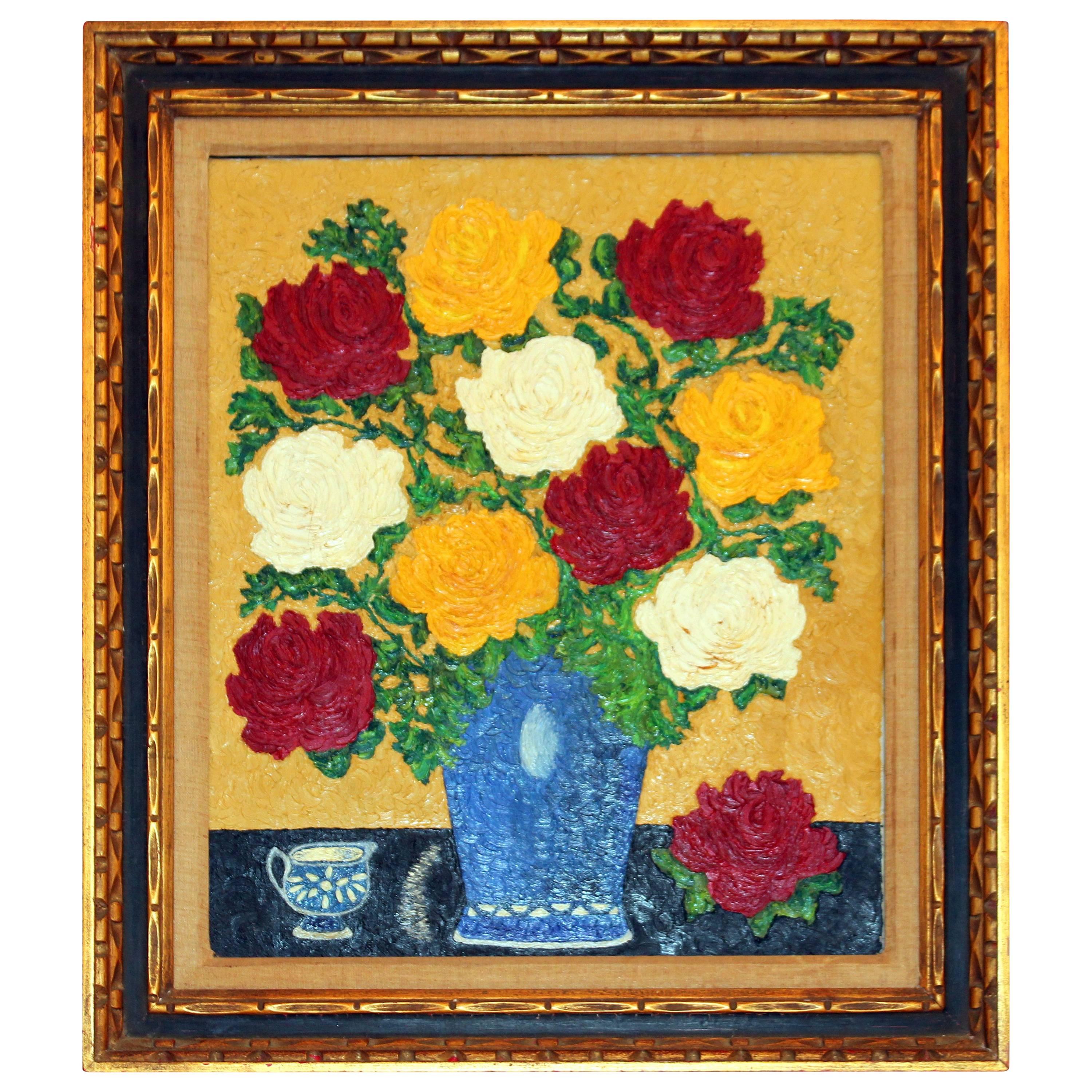 Vintage 1950s Large Framed Oil Painting on Canvas Still Life Flowers