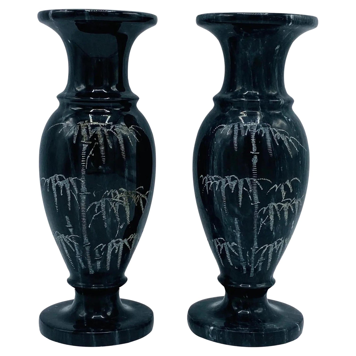 1960s Italian Marble Vases With Etched Bamboo Motif, Pair For Sale