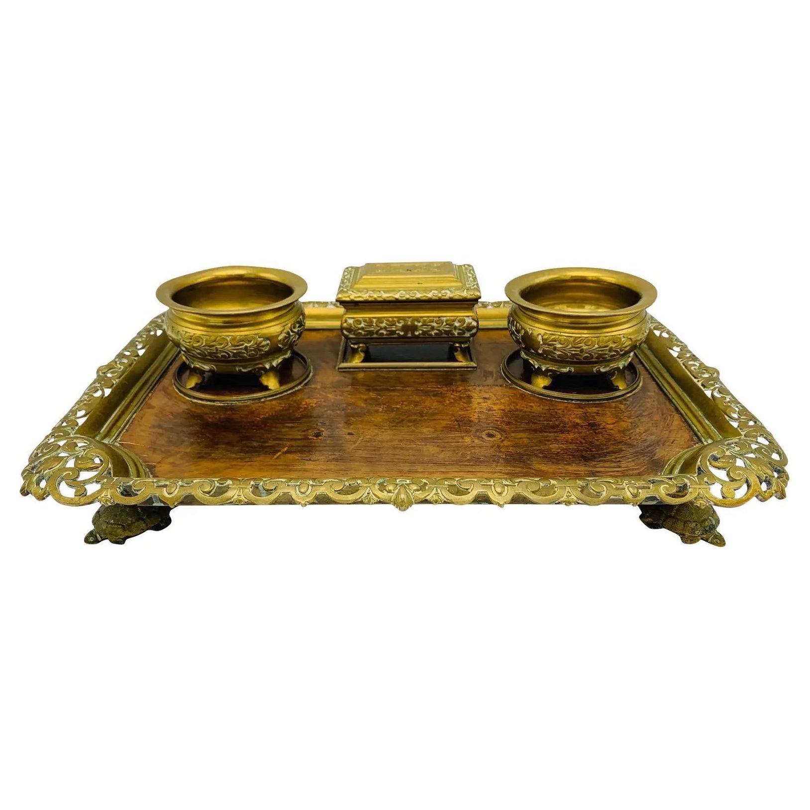 19th Century French Bronze and Burl Wood Desk Set