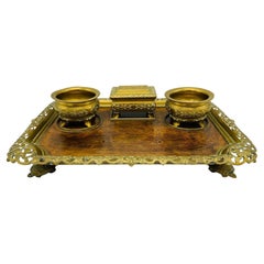 Used 19th Century French Bronze and Burl Wood Desk Set