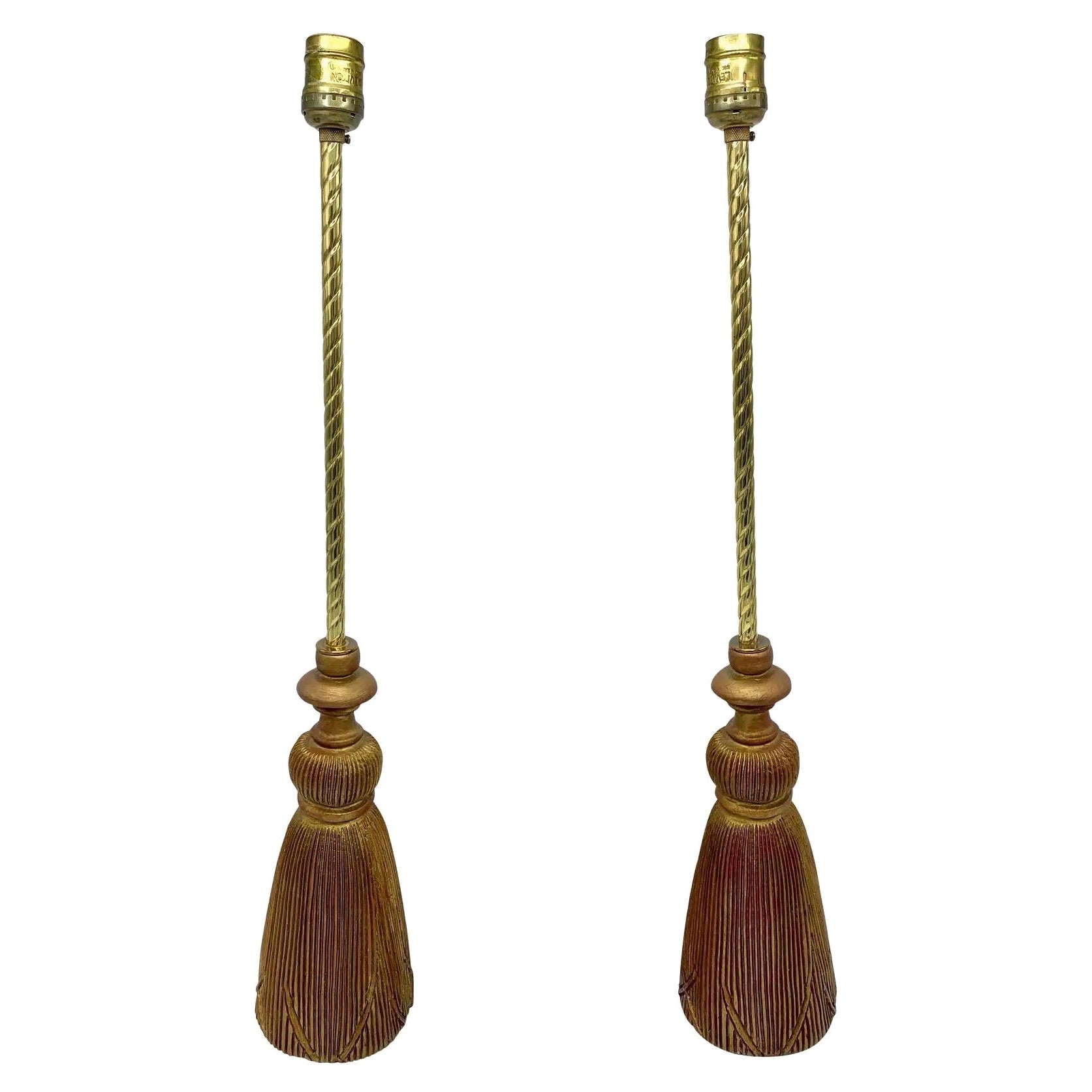 1960s Italian Sarreid Giltwood and Brass Tassel Lamps, Pair For Sale
