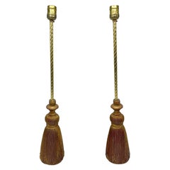 Retro 1960s Italian Sarreid Giltwood and Brass Tassel Lamps, Pair