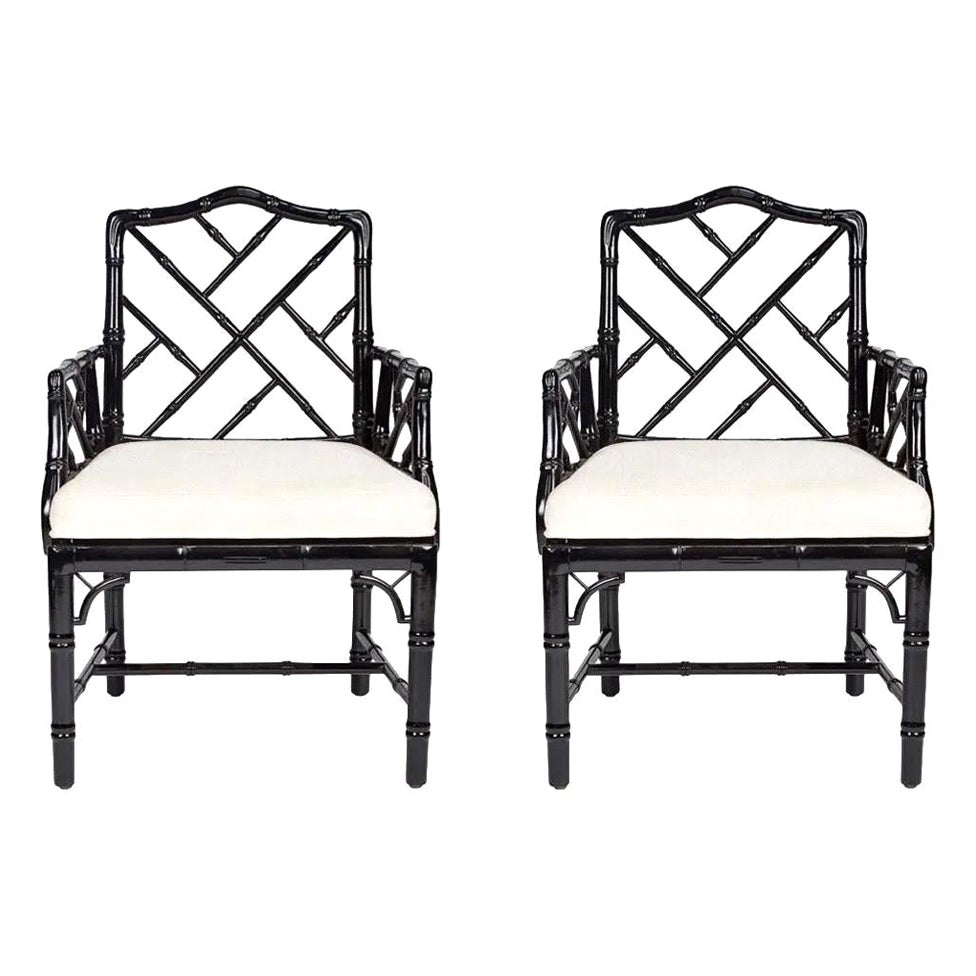 Jonathan Adler Black Lacquered Faux Bamboo Chippendale Chairs, Pair For Sale