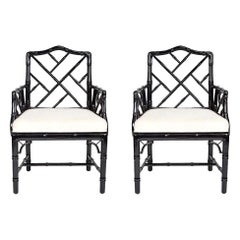 Jonathan Adler Black Lacquered Faux Bamboo Chippendale Chairs, Pair