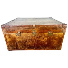 Table basse/steamer Trunk anglais en cuir du 19ème siècle