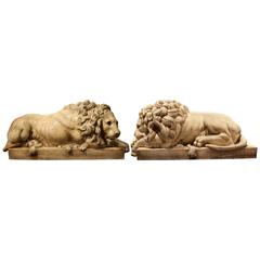 Pair of Large Italian Mid-20th Century Terracotta Lion Sculptures after Canova
