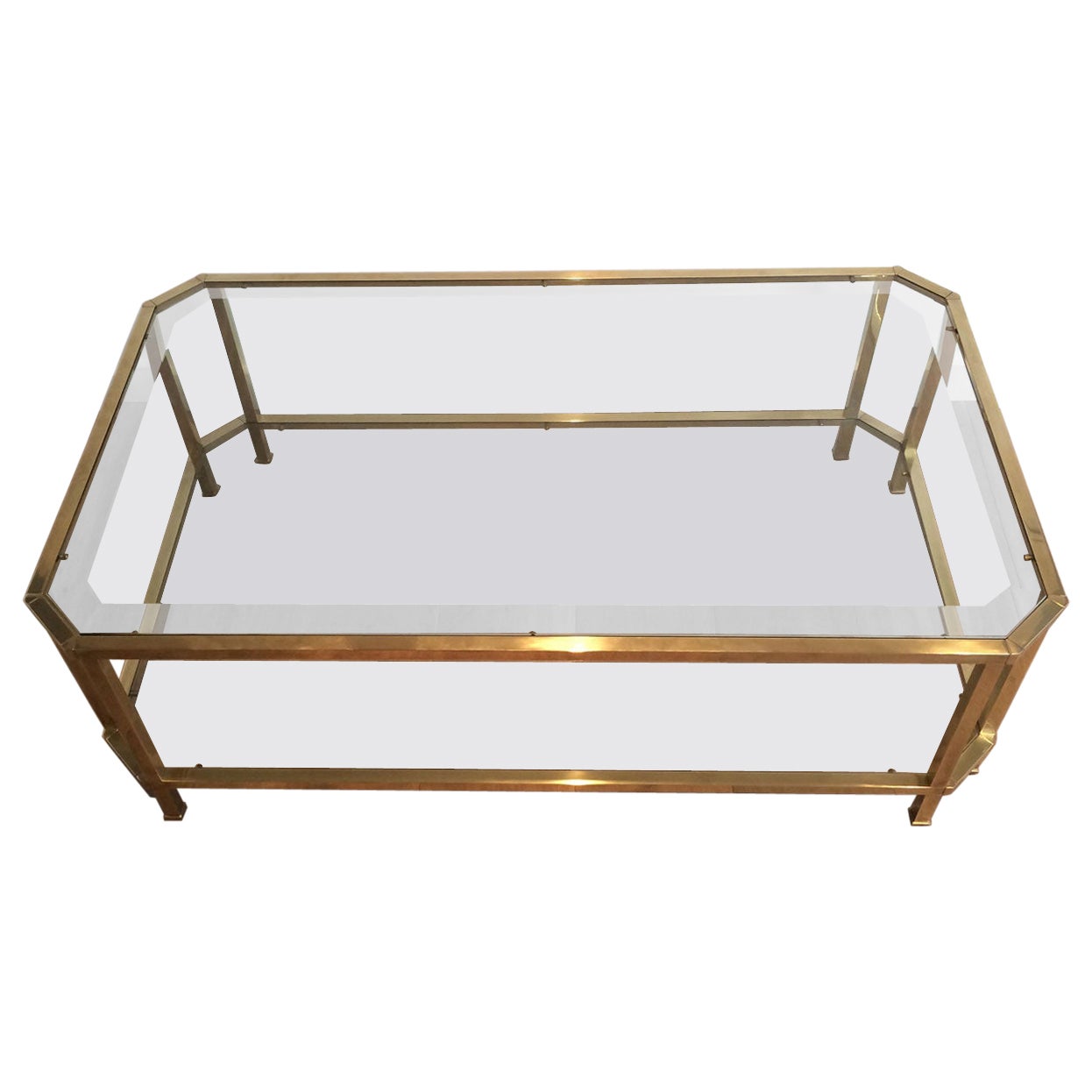 Octogonal Brass Coffee Table with Two Glass Shelves For Sale