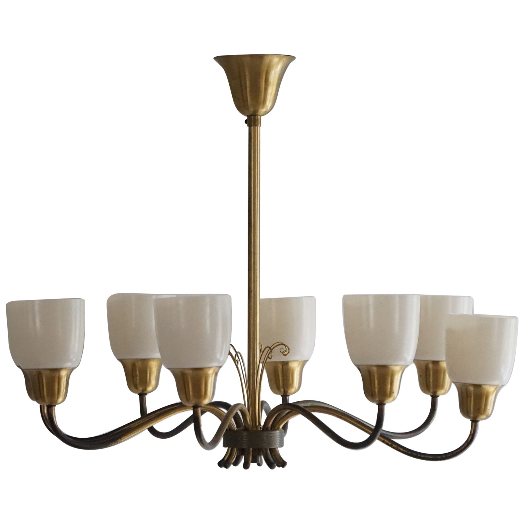 Swedish Mid Century Modern, 8 Arm Chandelier, Brass, Sweden, 1950s