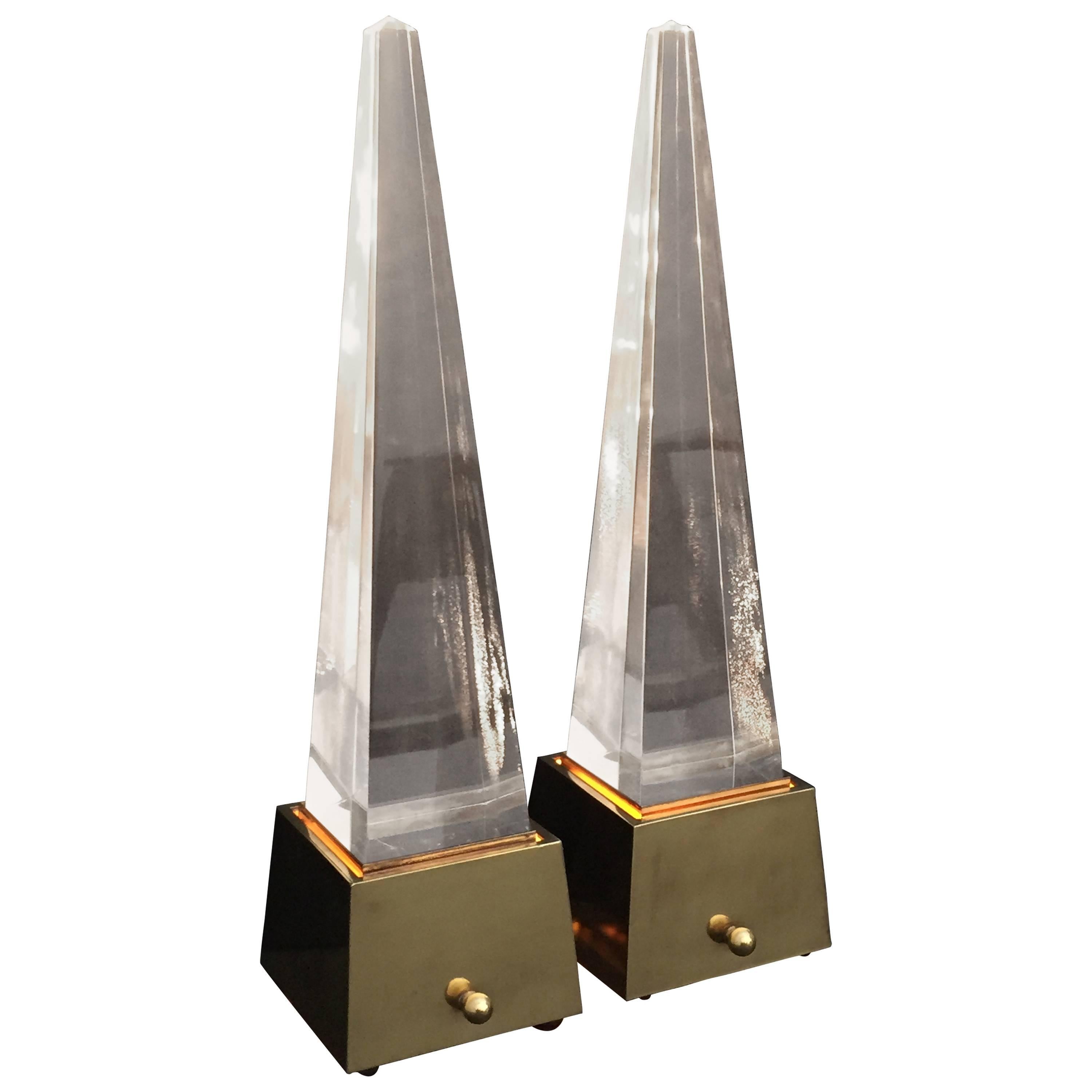 Pair of Brass and Lucite Pyramid Lamps  For Sale