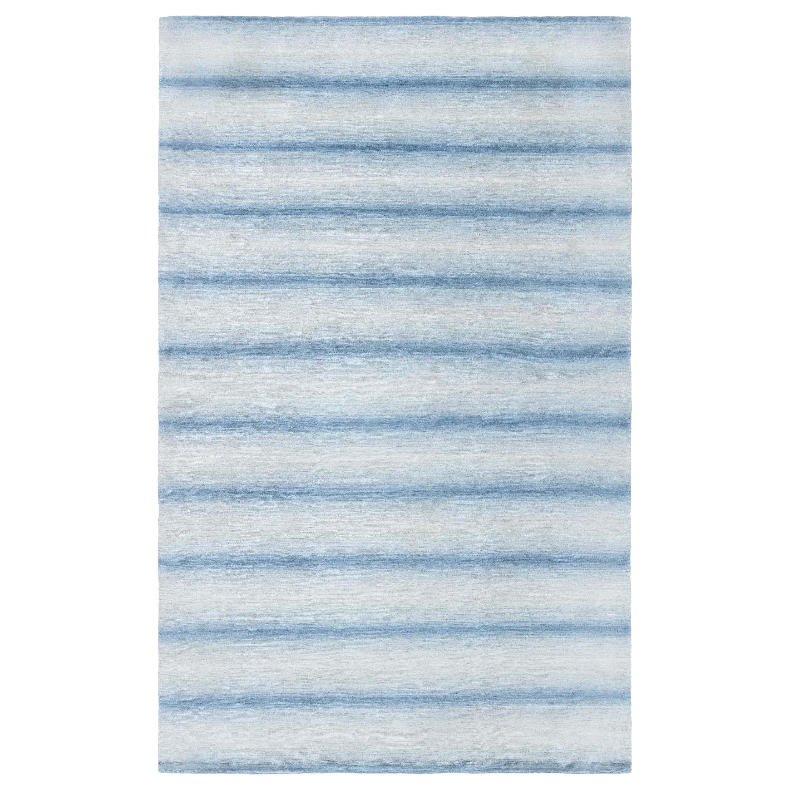Contemporary Striped Blue Hand Knotted Wool Rug by Doris Leslie Blau