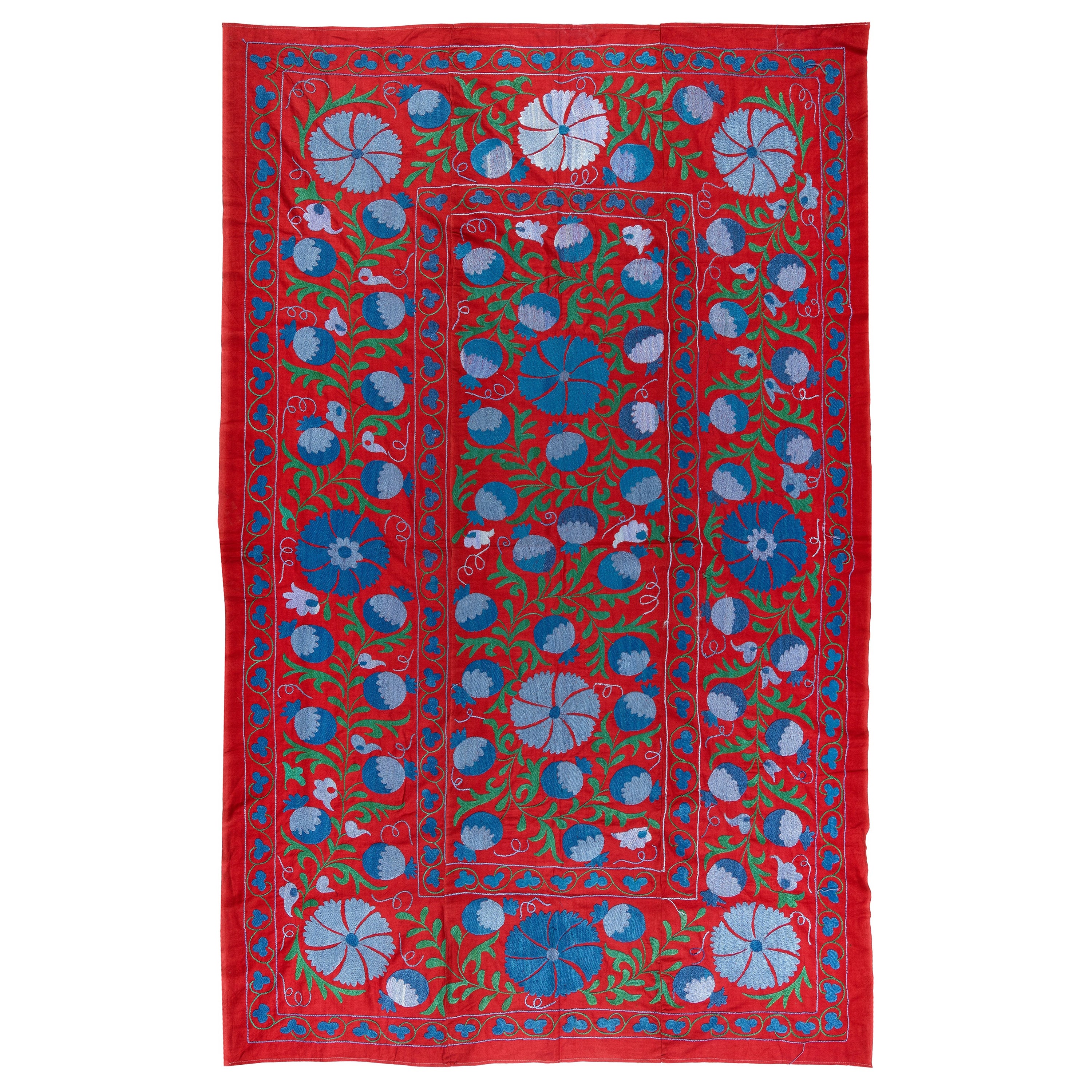 4.5x7 Ft Magnificent Silk Embroidery Suzani Wall Hanging in Red, Blue and Green For Sale