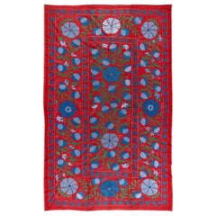 Vintage 4.5x7 Ft Magnificent Silk Embroidery Suzani Wall Hanging in Red, Blue and Green