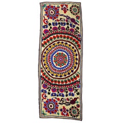 4.5x12 Ft Colorful Used Silk Embroidery Wall Hanging, Uzbek Suzani Tablecloth