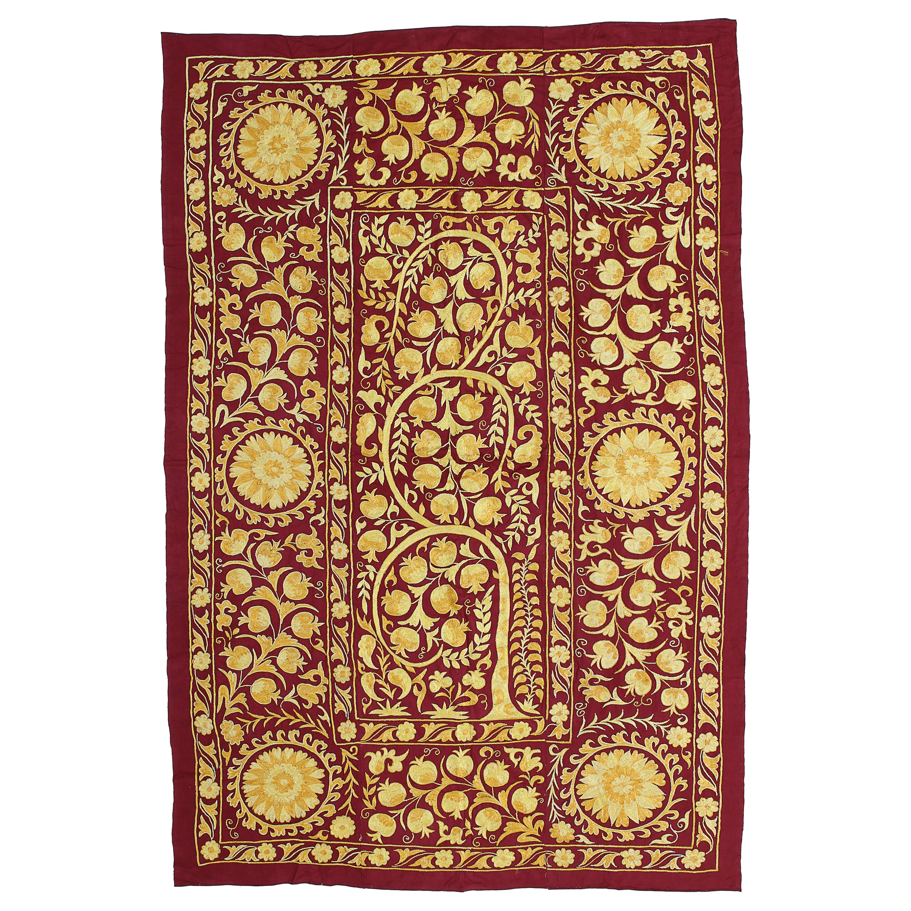 4.8x7 Ft Uzbek Silk Embroidery Wall Hanging, Burgundy Red and Yellow Bed Cover For Sale