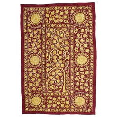 Antique 4.8x7 Ft Uzbek Silk Embroidery Wall Hanging, Burgundy Red and Yellow Bed Cover
