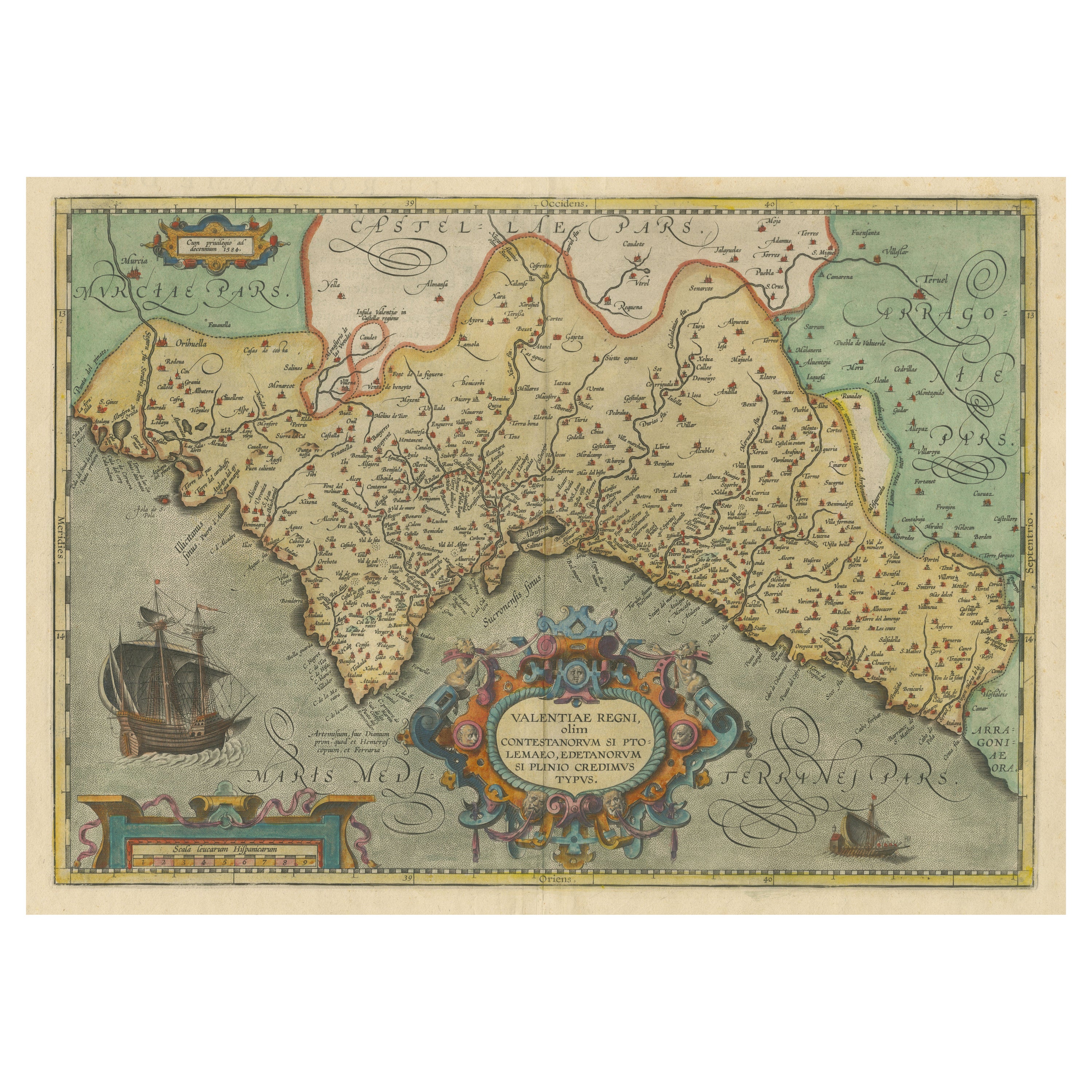 Decorative Original Antique Map of Valencia in Southern Spain, circa 1601 For Sale