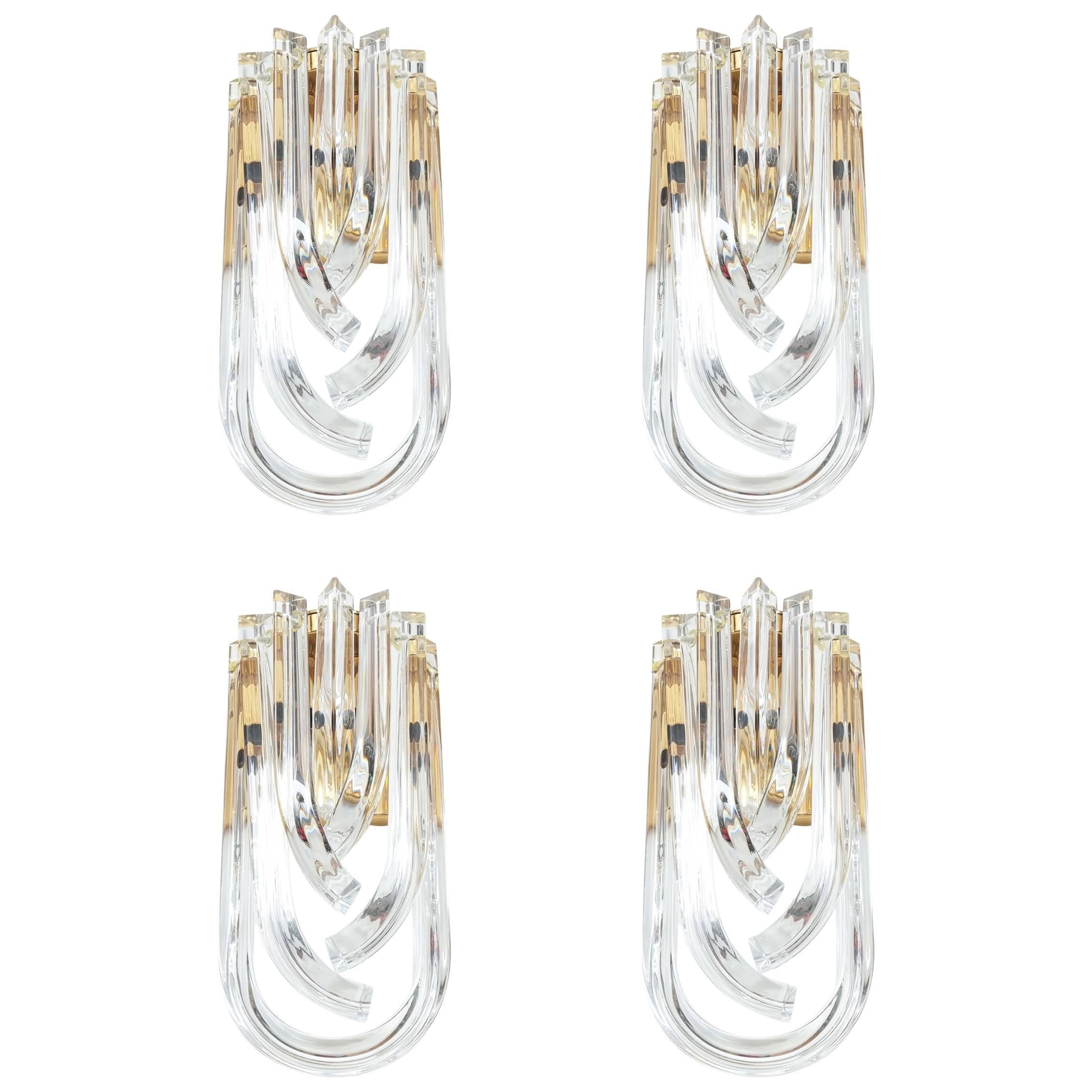 Large Venini Curved Crystal Gilt Brass Sconces (4) , Italy 1960