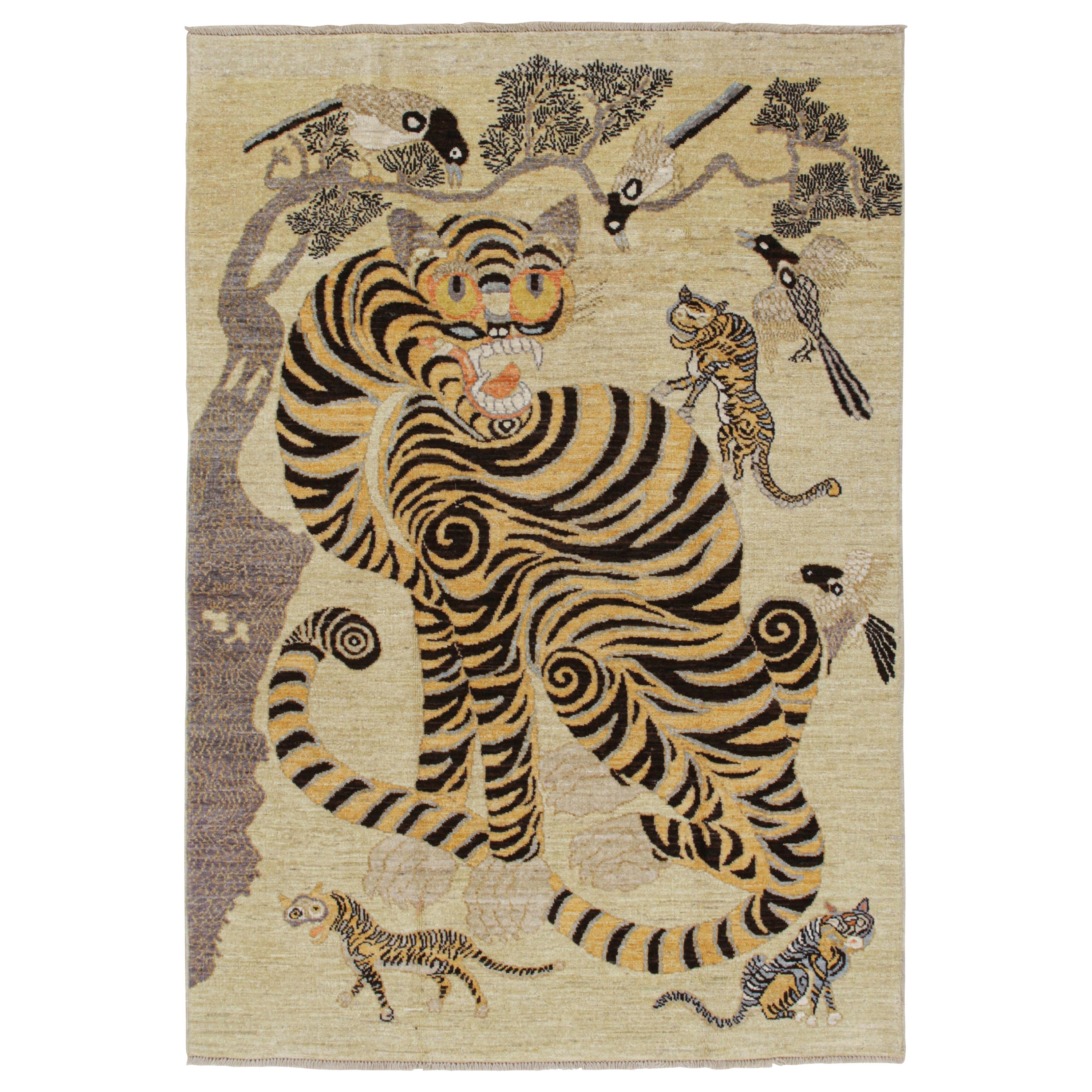 Rug & Kilim’s Classic-Style Custom Tiger-Skin Rug with Gold & Black Pictorial For Sale