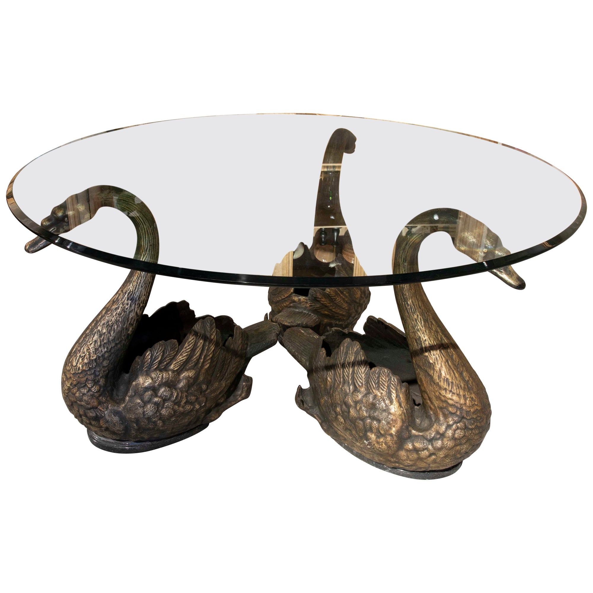 Coffee Table Composed of Three Patinated Iron Swans with Antique Finish