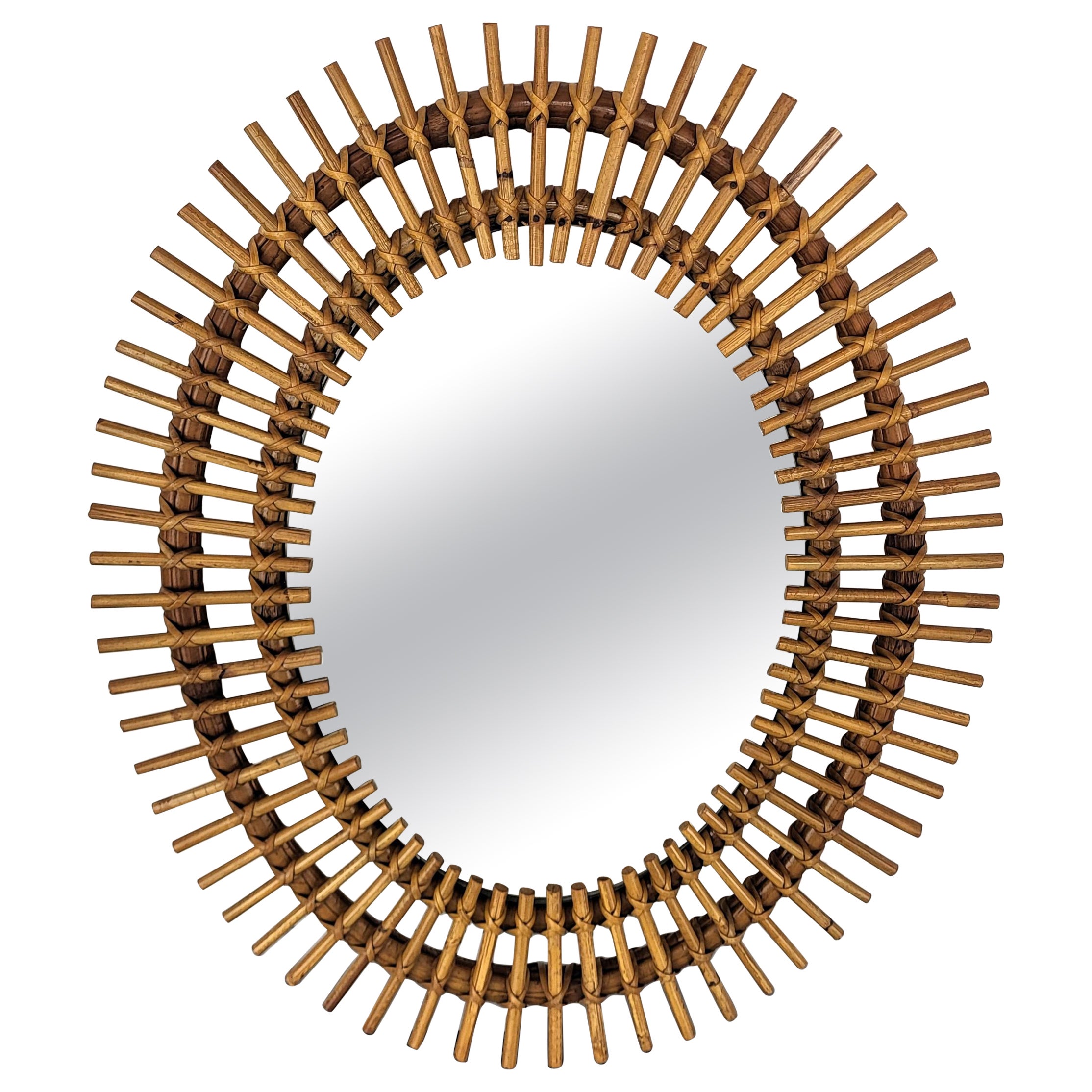 1970s Italian Bamboo Rattan Bohemian French Riviera Small Oval Wall Mirror For Sale