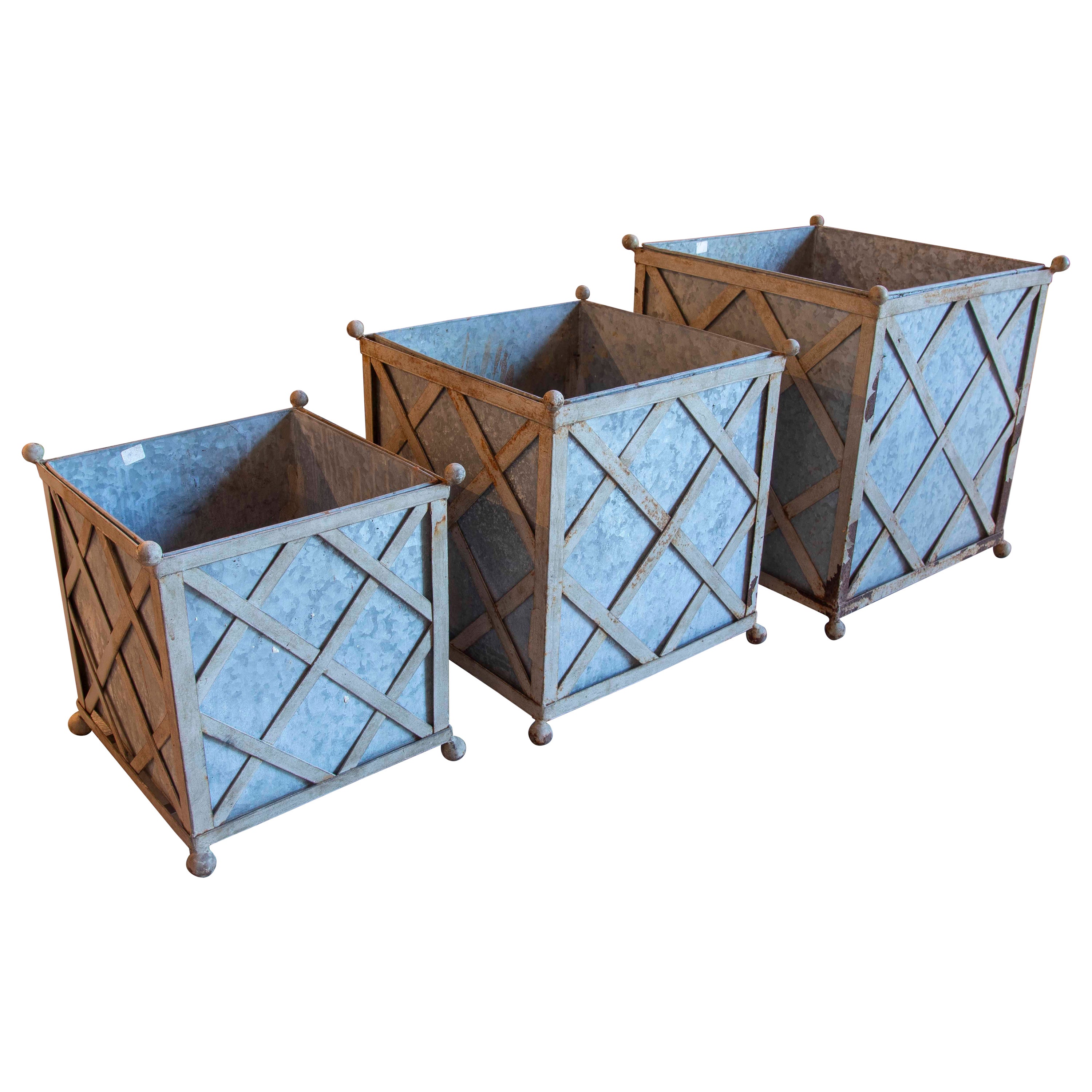 1970s French Set of Three Square Iron and Zinc Planters  For Sale