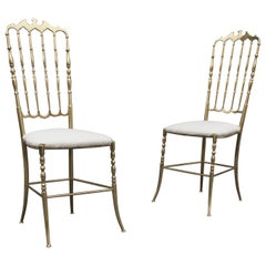 Pair of Solid Brass & White Upholstered Dining or Side Chairs by Chiavari Italy