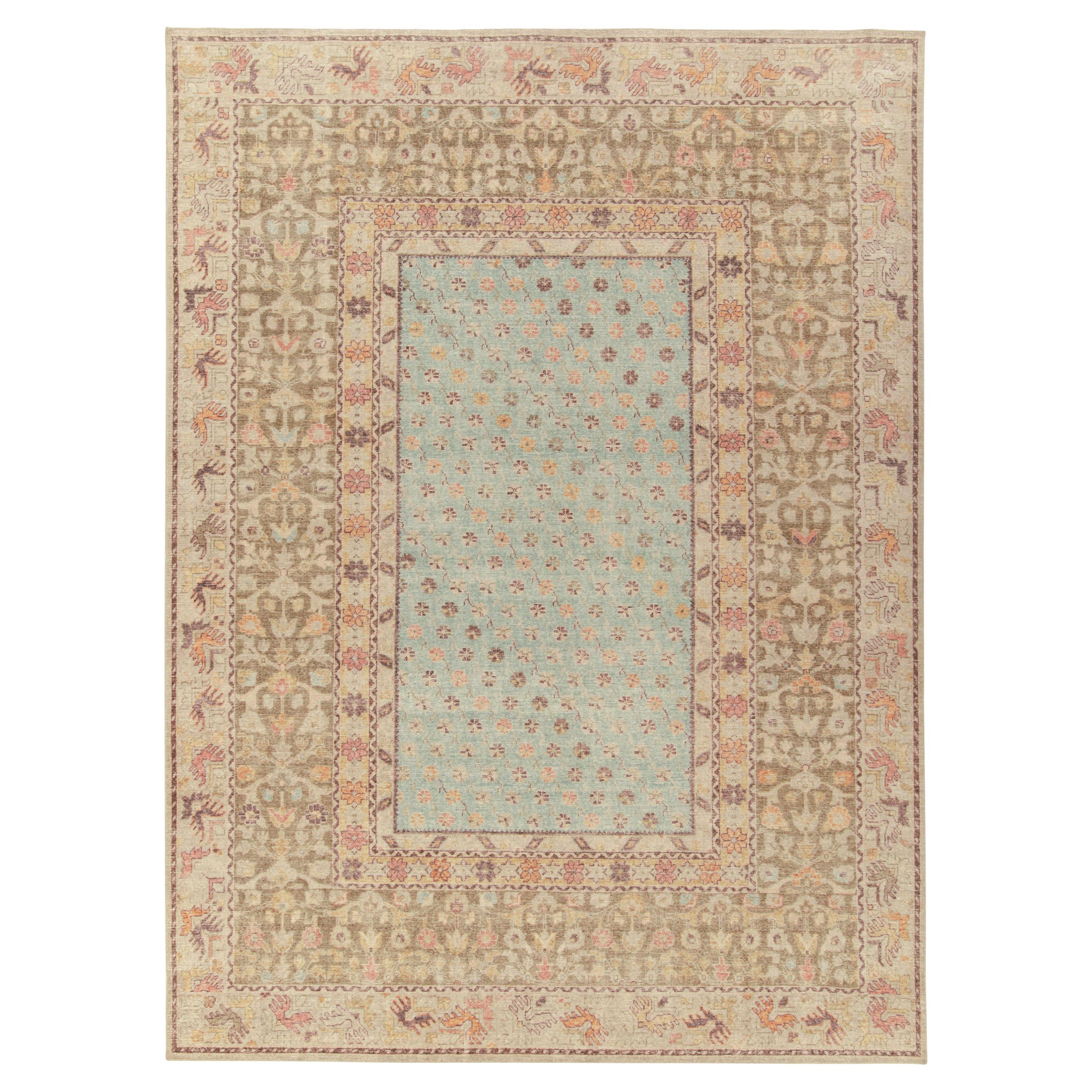 Rug & Kilim's Distressed Style Rug in Blue, Beige-Brown Floral Pattern