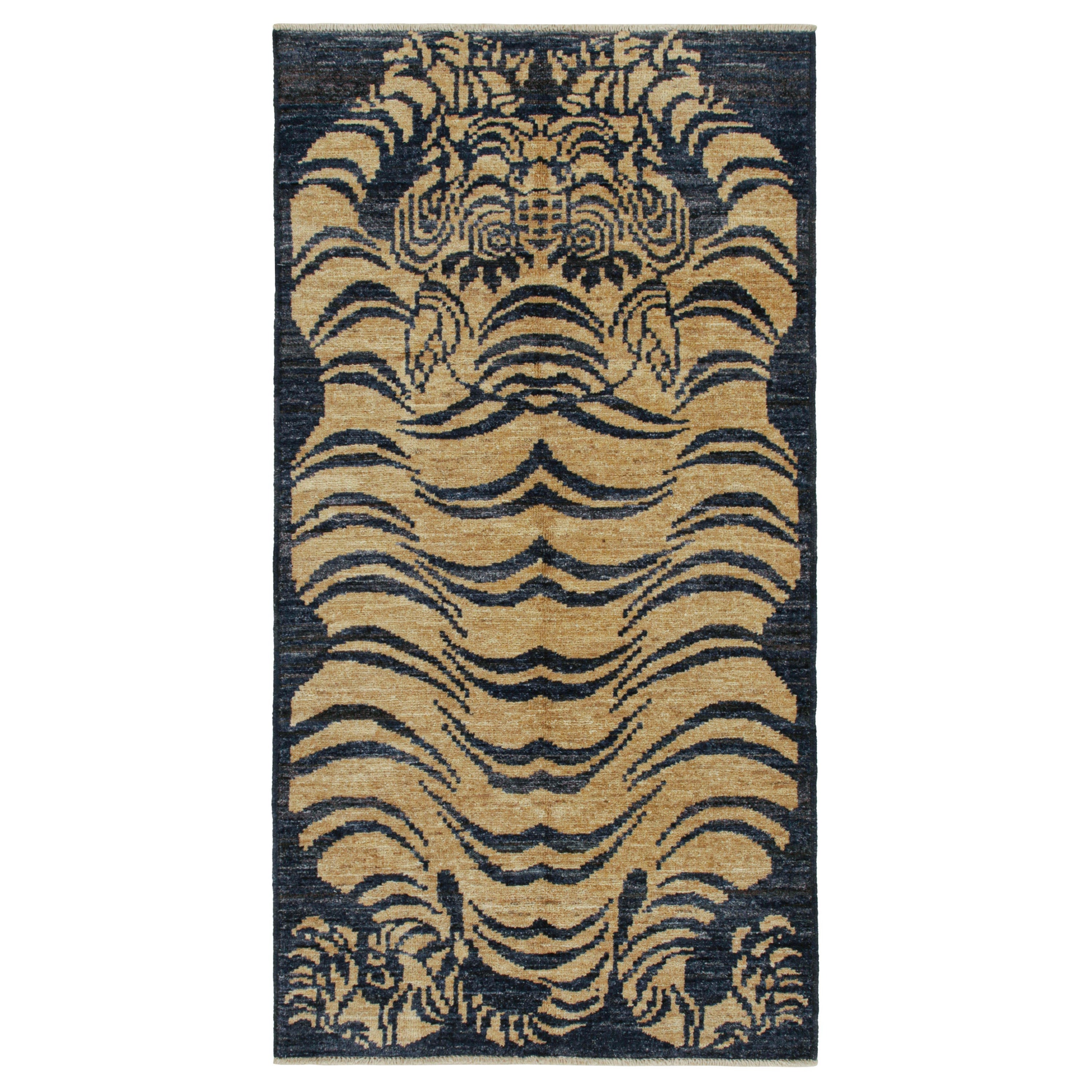 Rug & Kilim’s Classic-Style Tiger-Skin Custom Runner with Blue & Gold Pictorial For Sale