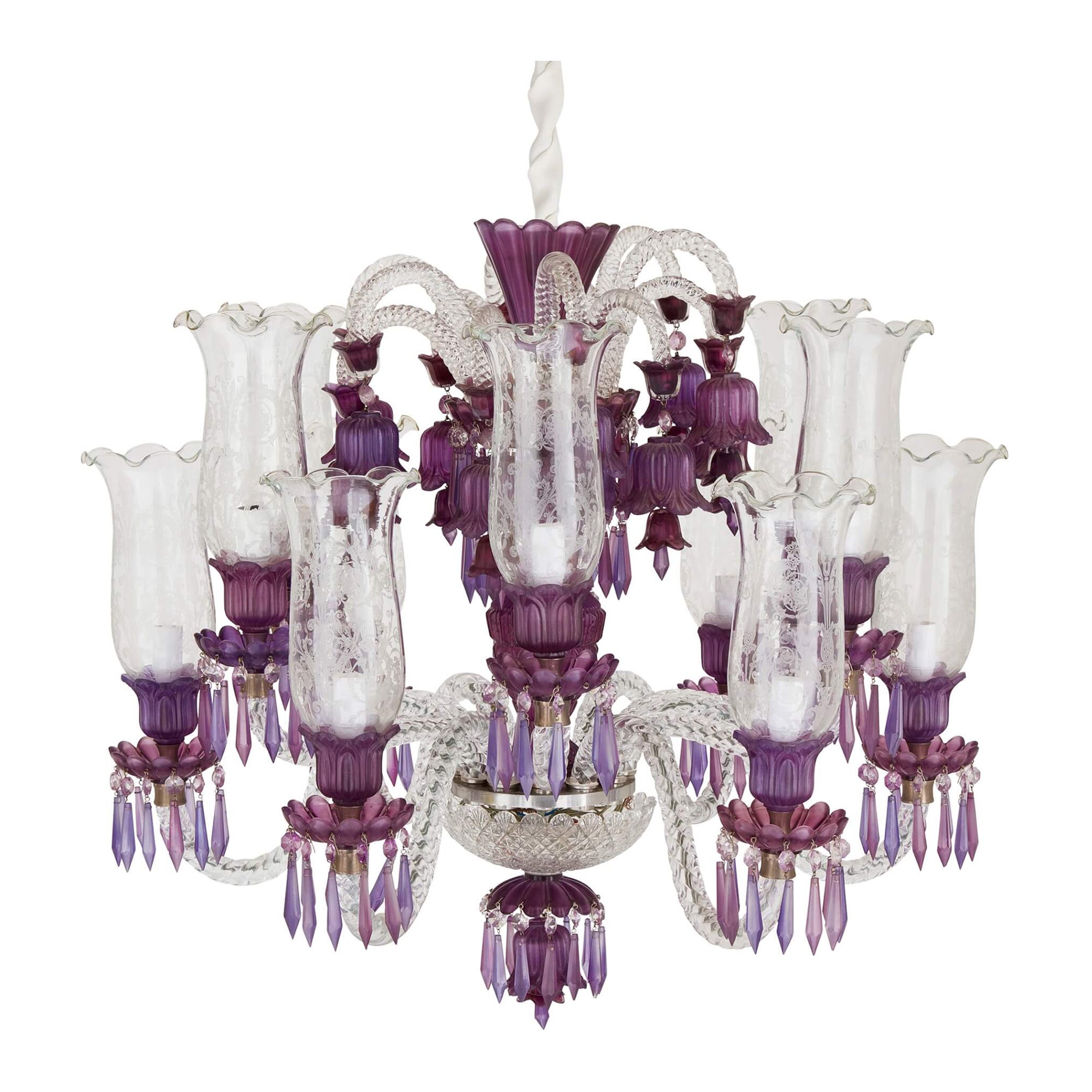 Clear and Purple Cut-Glass Chandelier in the Belle Époque Style  For Sale