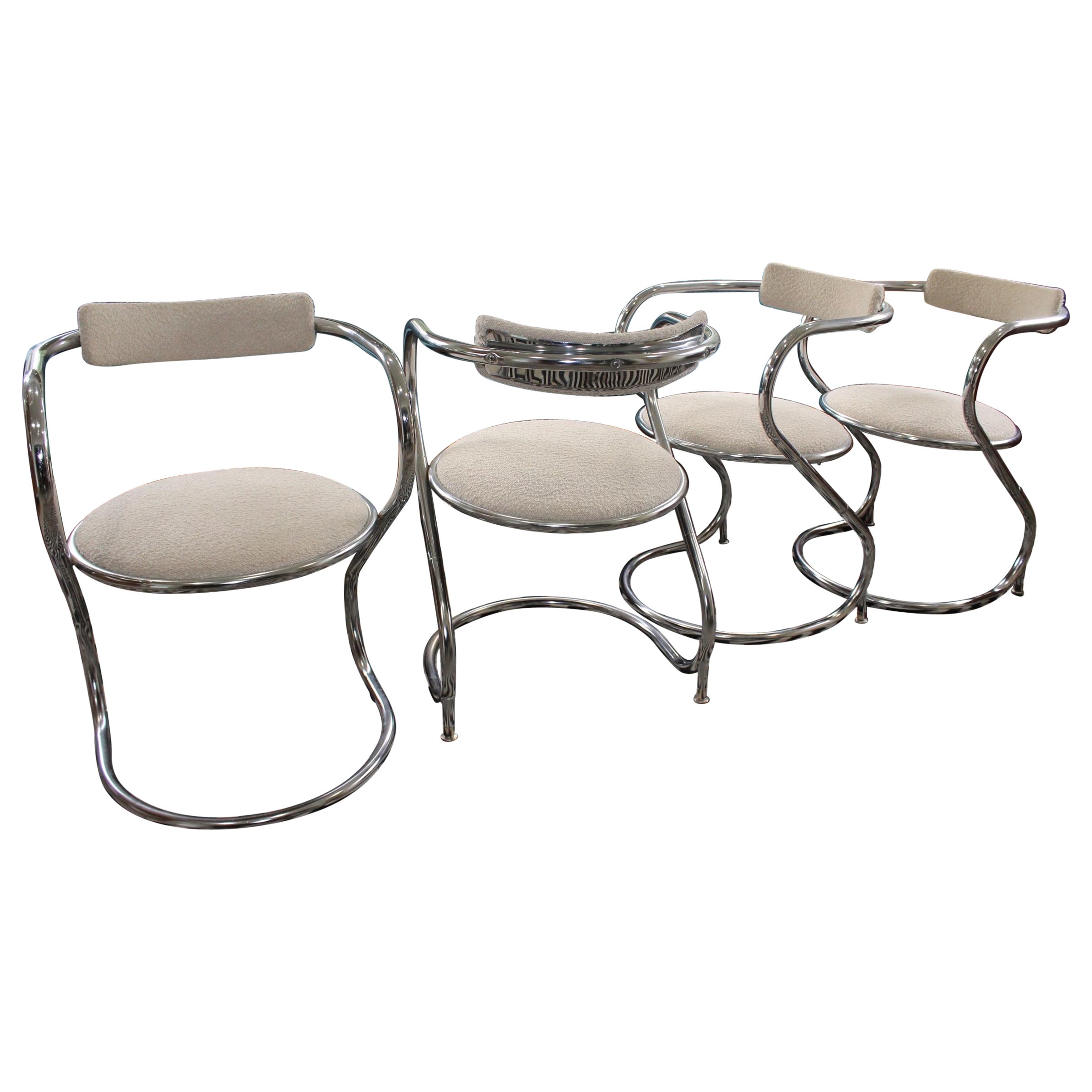 Set of 4 Midcentury Modern Chrome and Boucle Reverse Cantilever Chairs