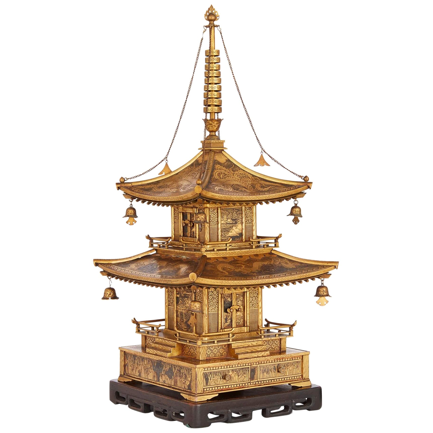 Japanese Meiji Period Komai Inlaid-Iron Pagoda Model
